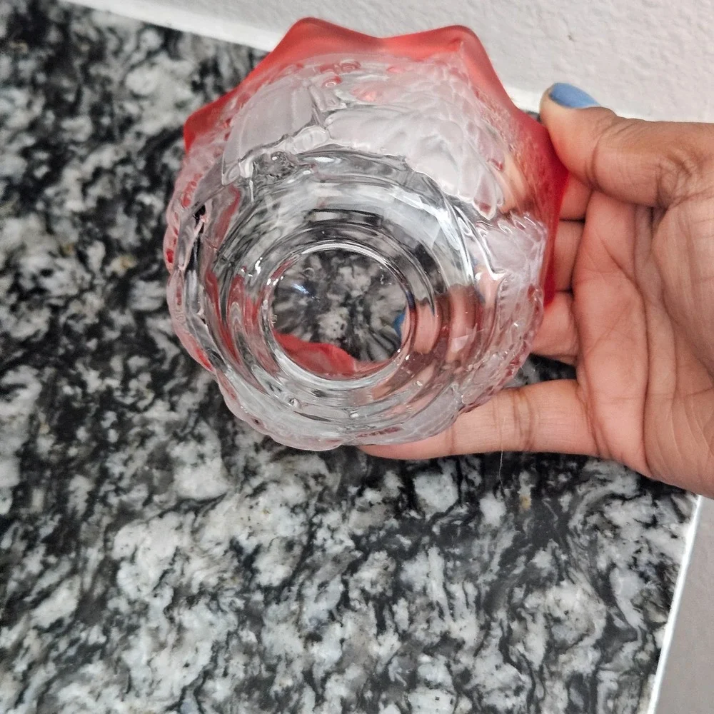 Vintage Red Trimmed Frosted Glass Candle Holder Winter‎ Scene Christmas Decor